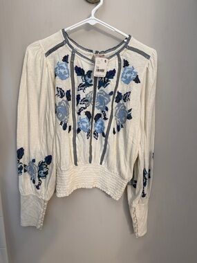 Free People Cream Blouse with Blue Floral Embroidery